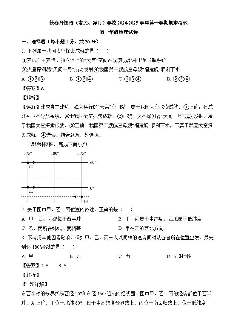 吉林省长春市长春外国语（南关、净月）学校2024-2025学年七年级上学期期末 地理试题（含解析）第1页