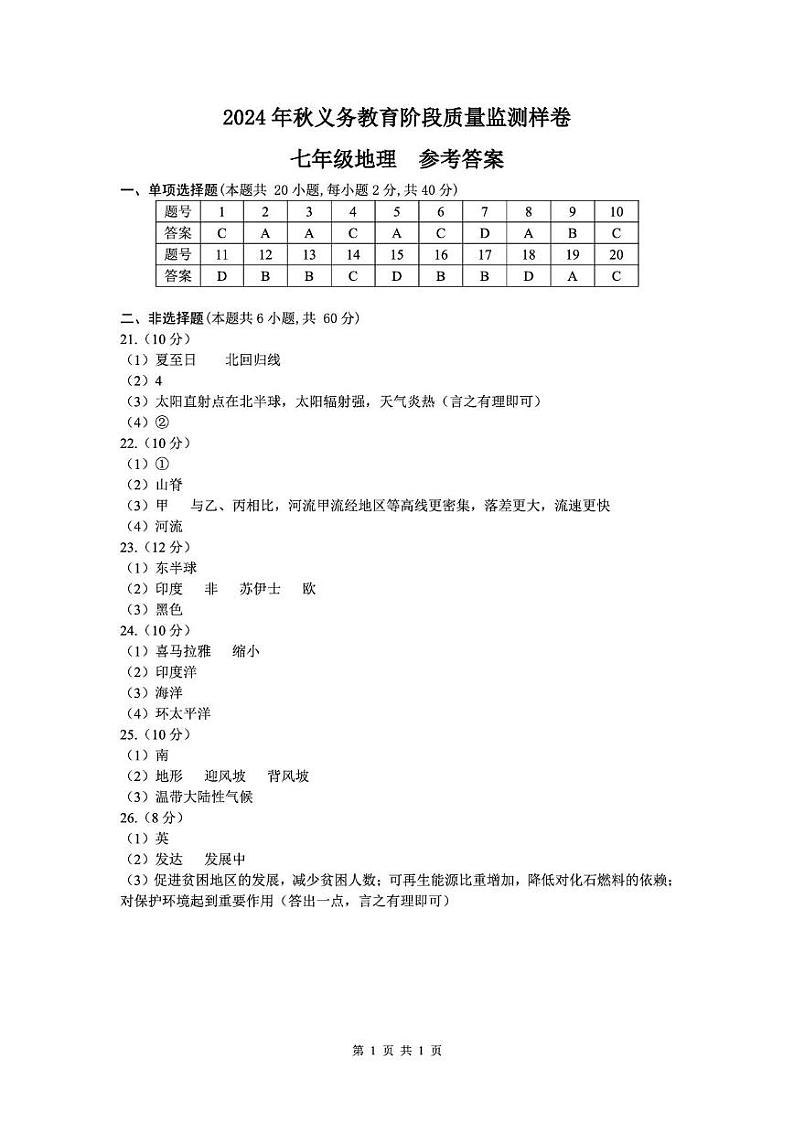 地理试卷答案 （邻水、广安区）2024年秋义务教育阶段质量监测样卷-七年级地理-参考答案第1页