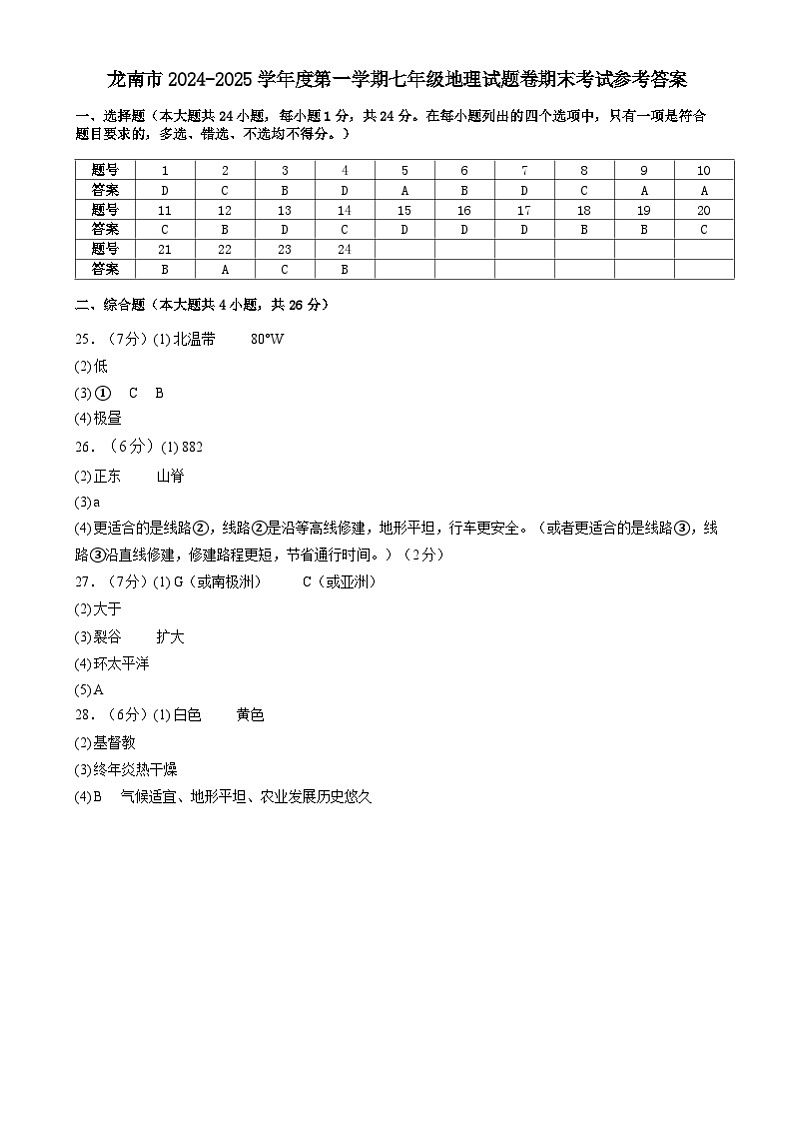 江西省龙南市2024-2025学年七年级上学期期末考试地理试题及答案 七年级地理上册 期末考试答案第1页