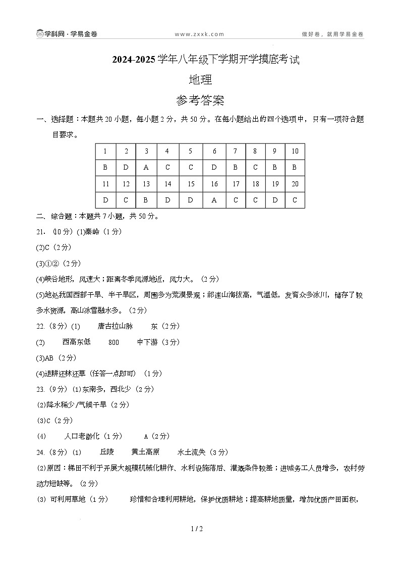 八年级下学期开学摸底考试卷（湖南长沙专用） 八年级地理开学摸底考（湖南长沙专用）（参考答案）第1页