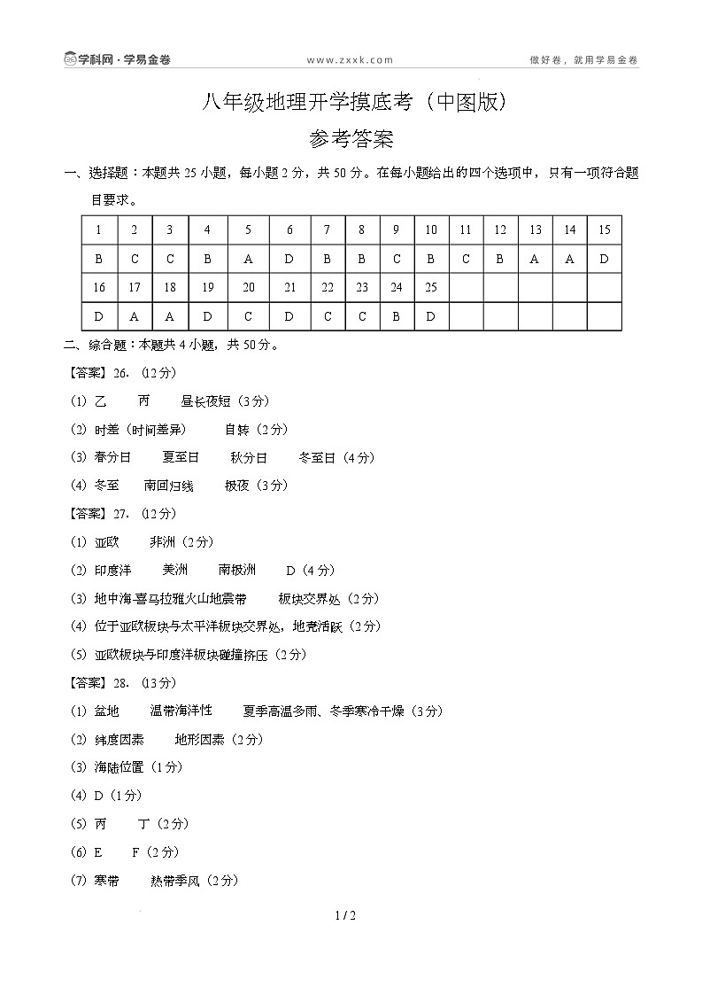 八年级地理开学摸底考（中图版）-2024-2025学年初中下学期开学摸底考试卷 八年级地理开学摸底考（中图版）-2024-2025学年初中下学期开学摸底考试卷（参考答案）第1页