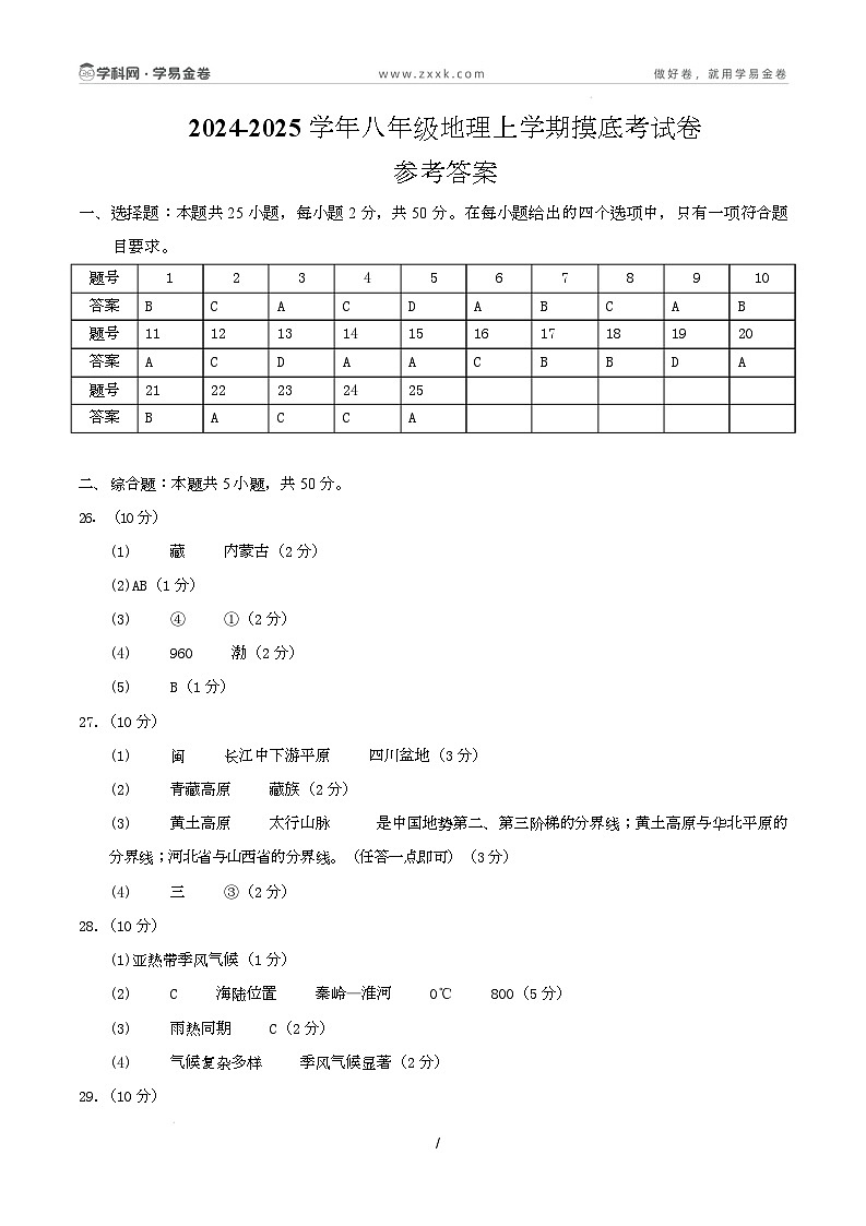 八年级地理开学摸底考（商务星球版2024）-2024-2025学年初中下学期开学摸底考试卷 八年级上册地理摸底考试卷（参考答案）第1页