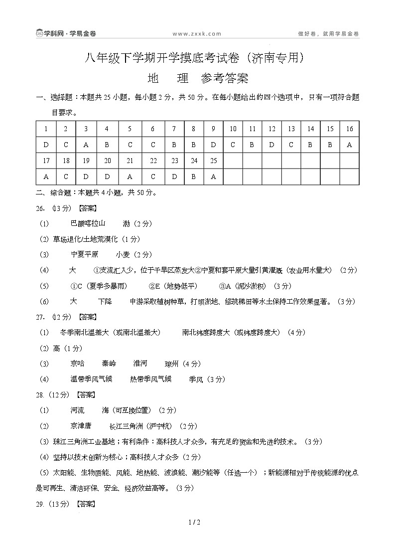 八年级地理开学摸底考（山东济南专用）-2024-2025学年初中下学期开学摸底考试卷（参考答案） 第1页