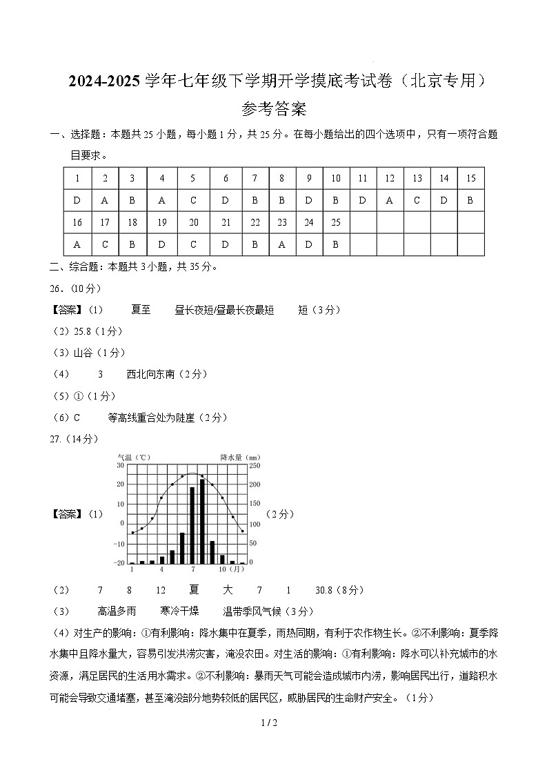 2024-2025学年七下地理开学摸底考试卷（中图版（北京）2024）（参考答案）第1页