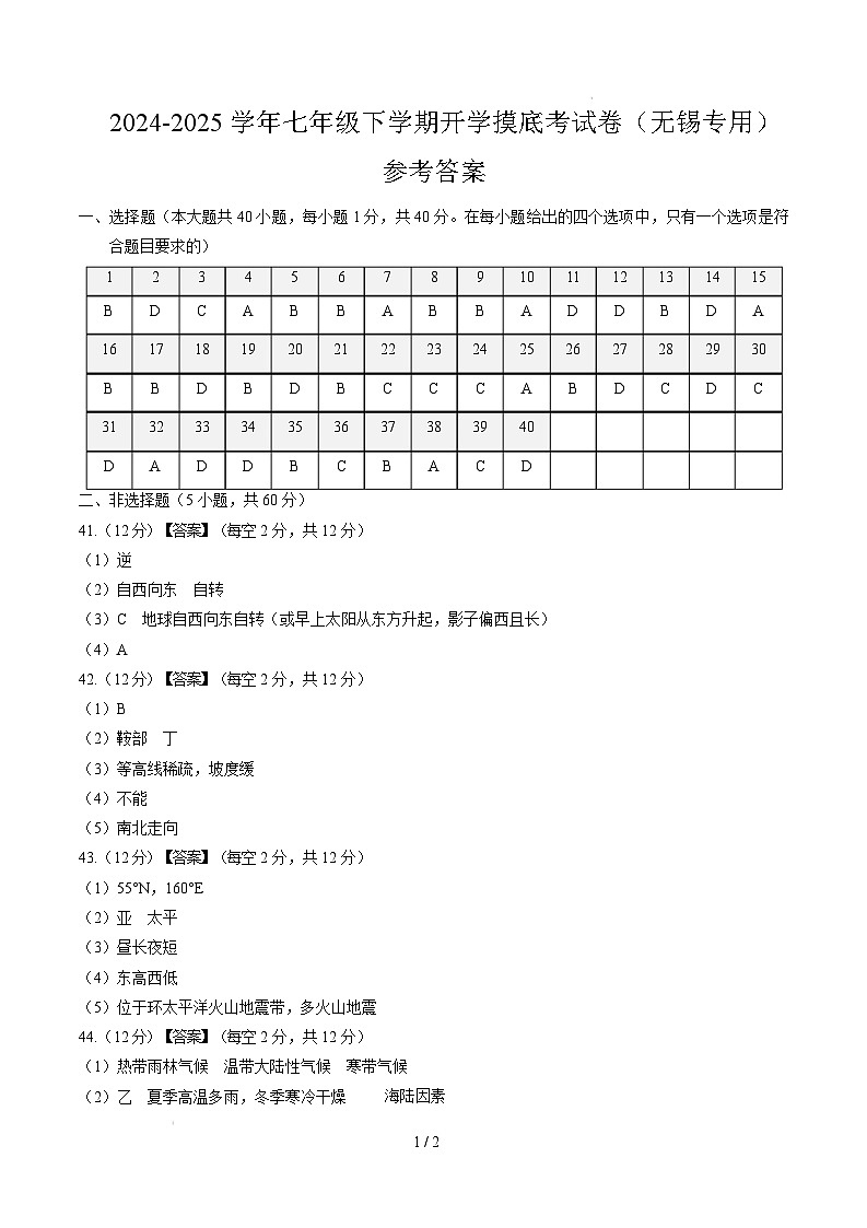七年级下学期地理摸底考试卷无锡专用（参考答案）第1页