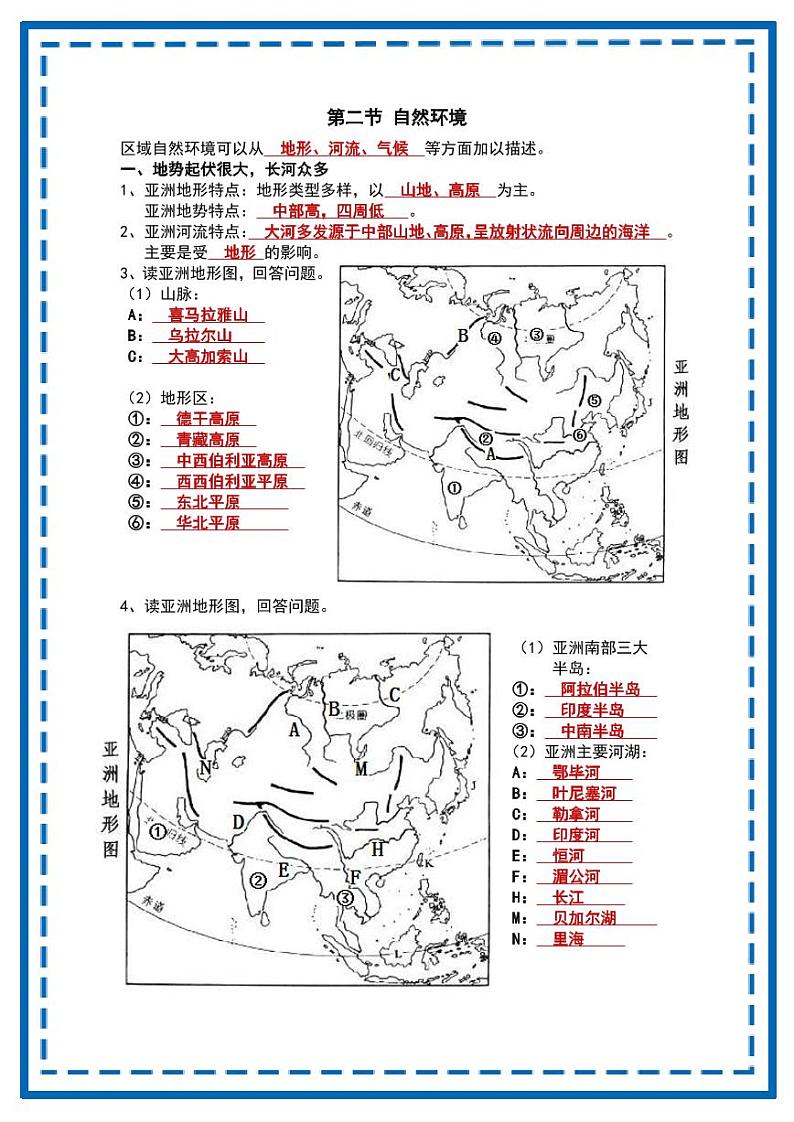 人教版地理七年级下册【七下地理】全册重点知识点过关手册第2页