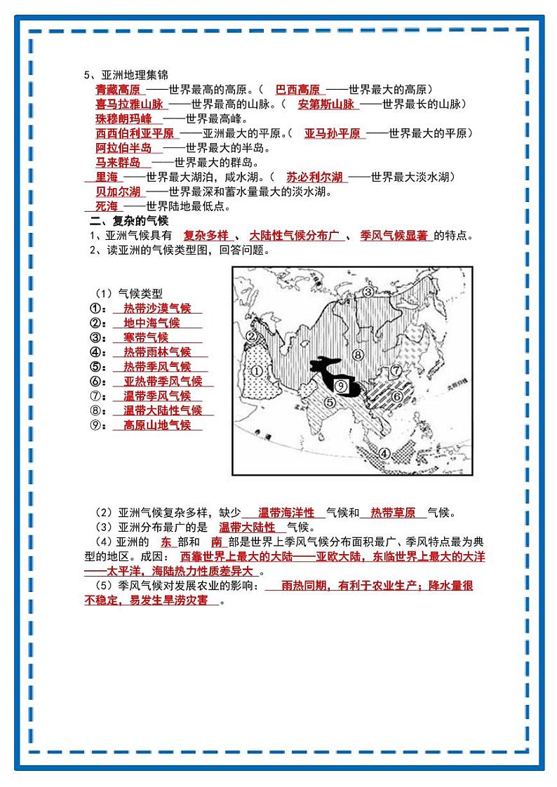 人教版地理七年级下册【七下地理】全册重点知识点过关手册第3页