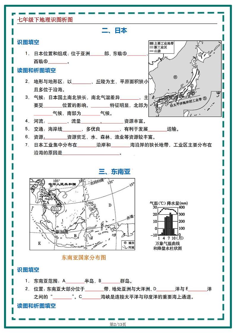 人教版地理七年级下册地理识图专项练习.第2页