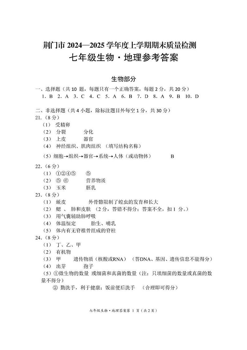 荆门市2024—2025学年度上学期期末质量检测七年级生物·地理试题答案第1页