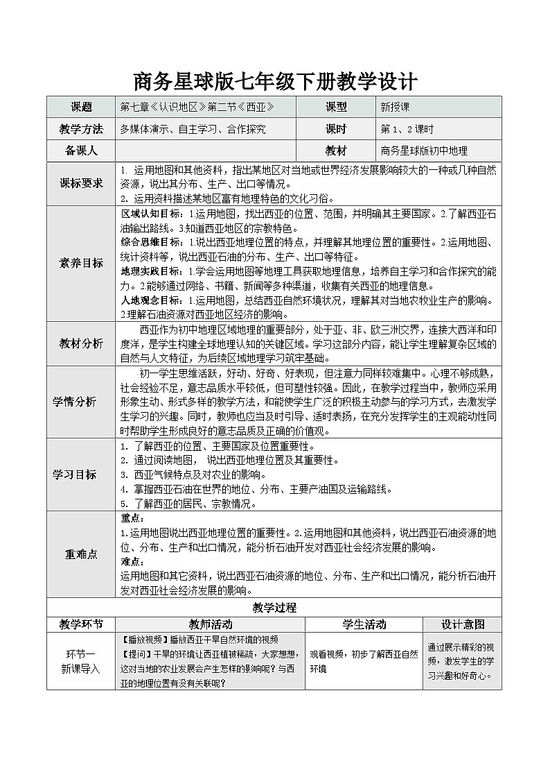 【新教材核心素养】商务星球版地理七年级下册7.2西亚（教学设计）第1页