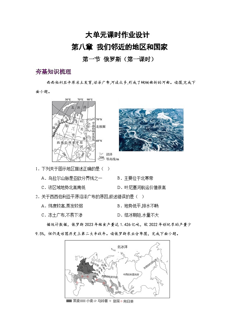 2024—2025学年七年级地理人教版8.4 俄罗斯 第一课时（分层练）第1页