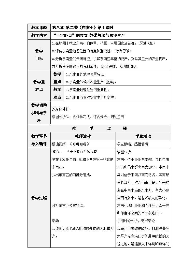 人教版七下 8.2《东南亚》 第1课时 “十字路口”的位置 热带气候与农业生产 教案第1页