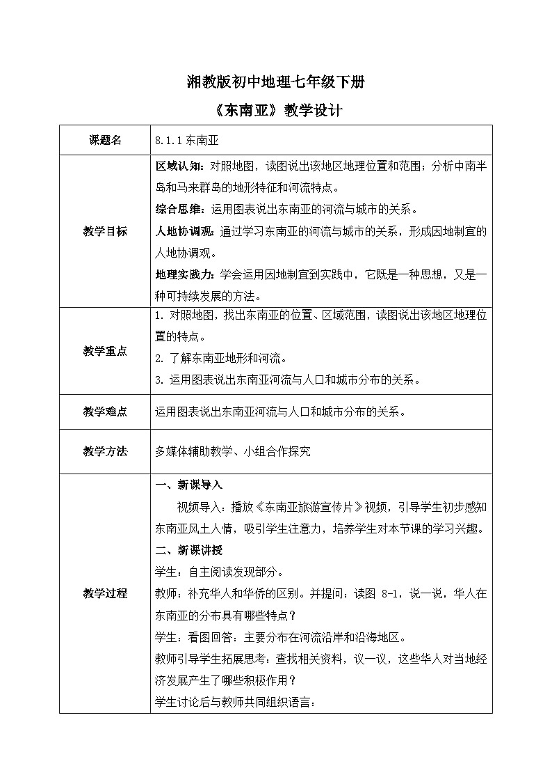 8.1.1东南亚【教学设计】（第1课时——十字路口的位置、地形、人口与城市）——2025新教材湘教版初一地理下册pptx第1页