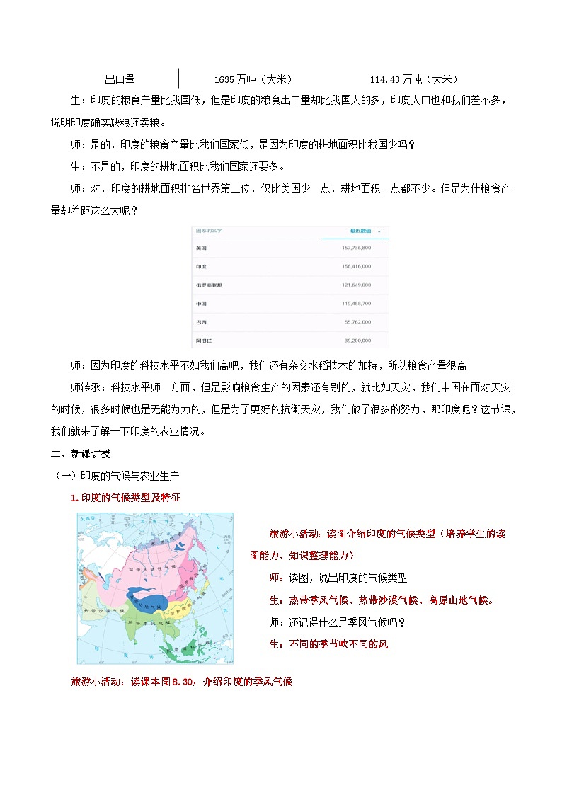 8.3.2 印度（第2课时 气候与粮食生产、服务外包行业）（教学设计）第2页