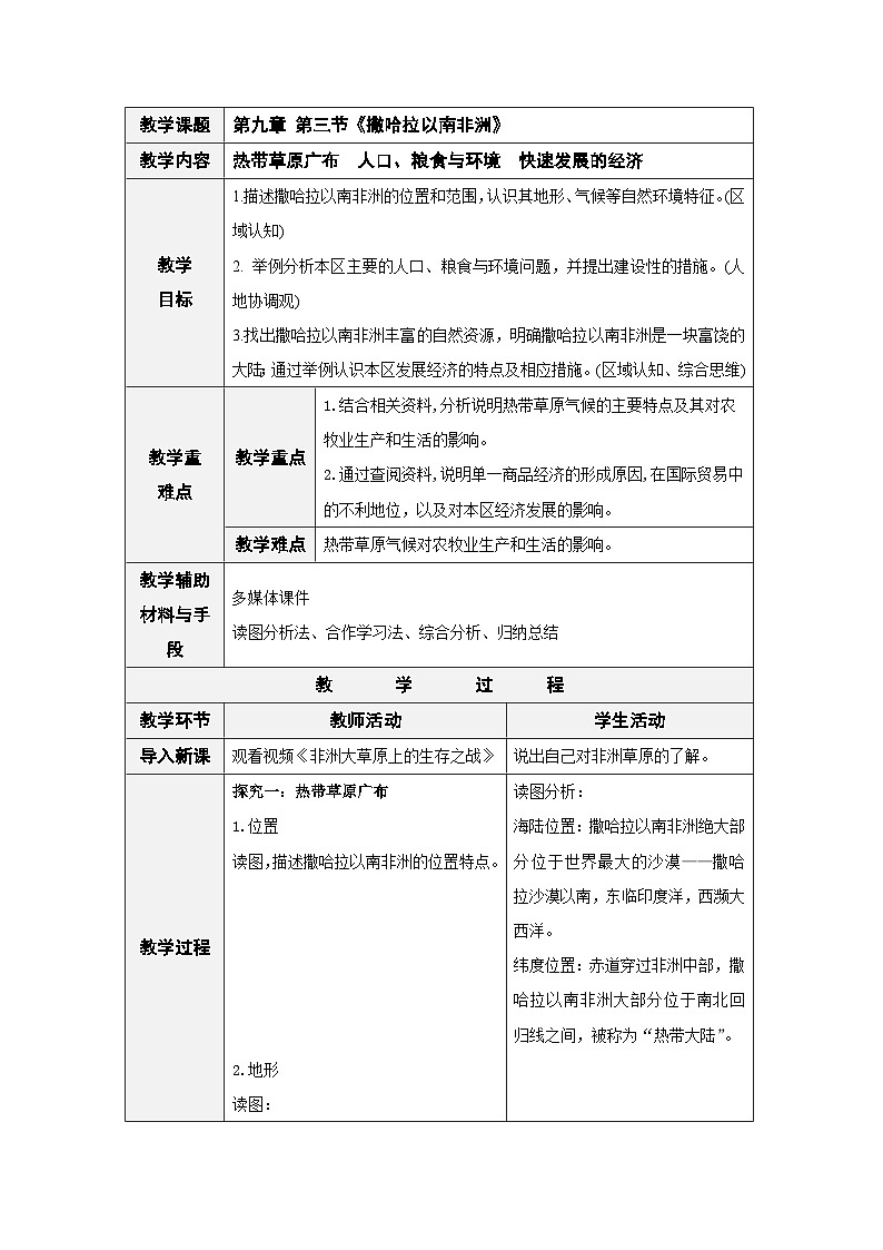 人教版七下 9.3《撒哈拉以南的非洲》教案第1页
