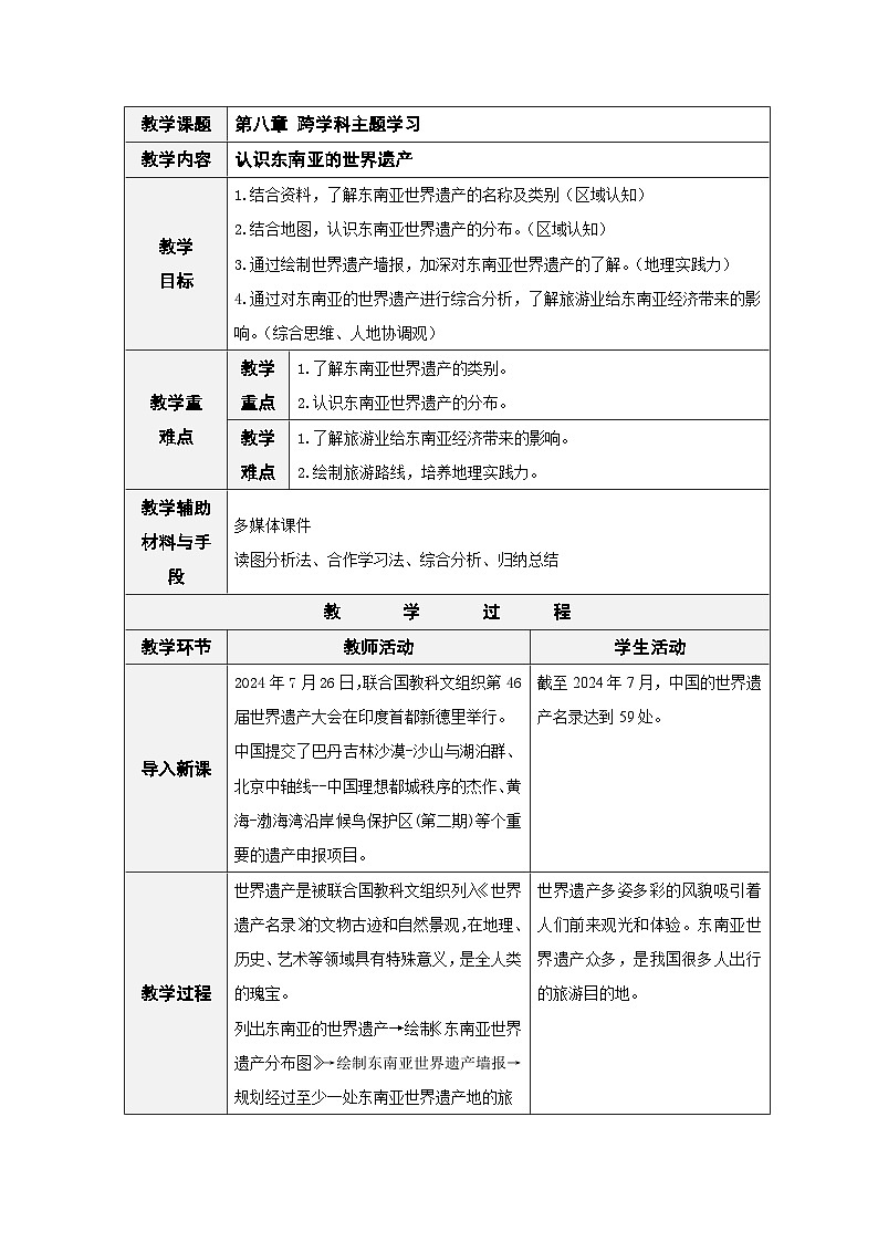 人教版七下 8.5《跨学科主题学习》 认识东南亚的世界遗产 教案第1页