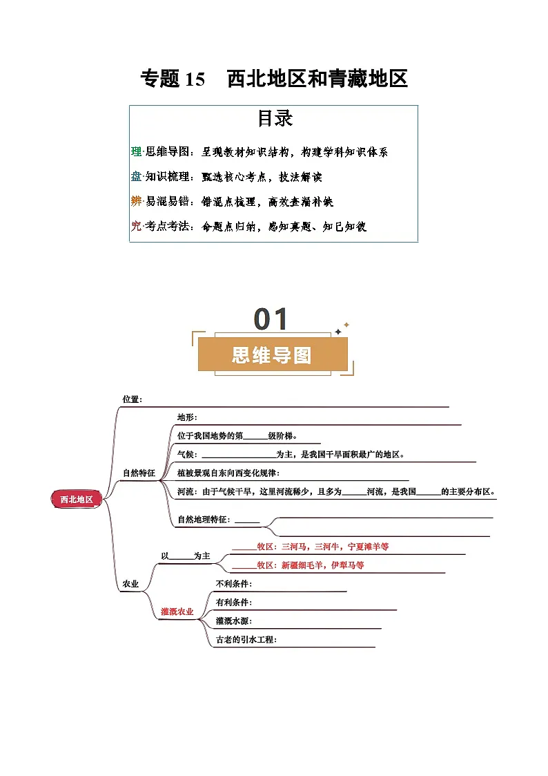 专题15 西北地区和青藏地区-2025年中考地理一轮复习知识清单（挖空版）第1页