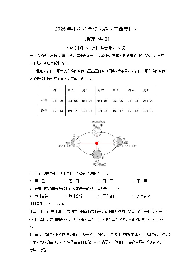 2025年中考地理黄金模拟卷01（广西专用）地理试卷（解析版）第1页