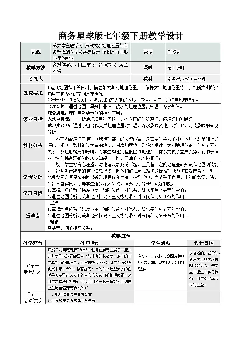 【新教材核心素养】商务星球版地理七年级下册6主题学习 学科素养 探究大洲地理位置与自然环境的关系、举例分析地形格局的影响（教学设计）第1页