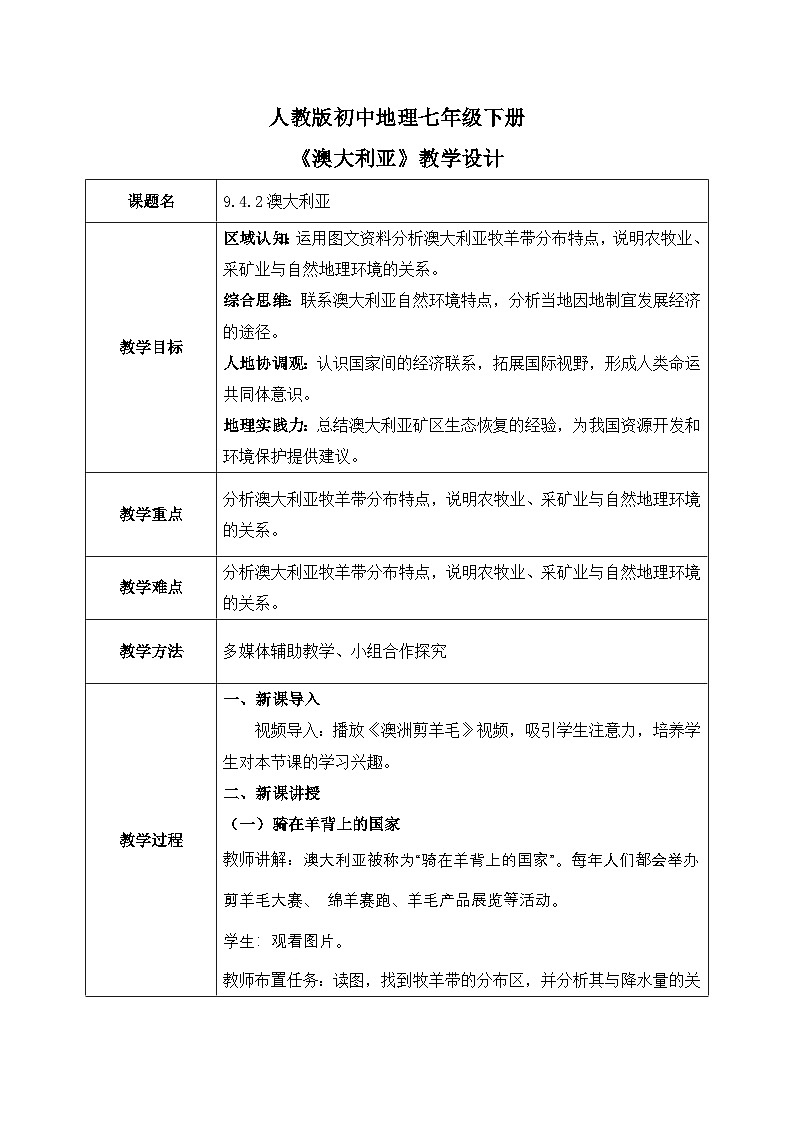 9.4.2澳大利亚【教学设计】（第2课时——骑在羊背上的国家、坐在矿车上的国家）——2025新教材人教版初一地理下册第1页