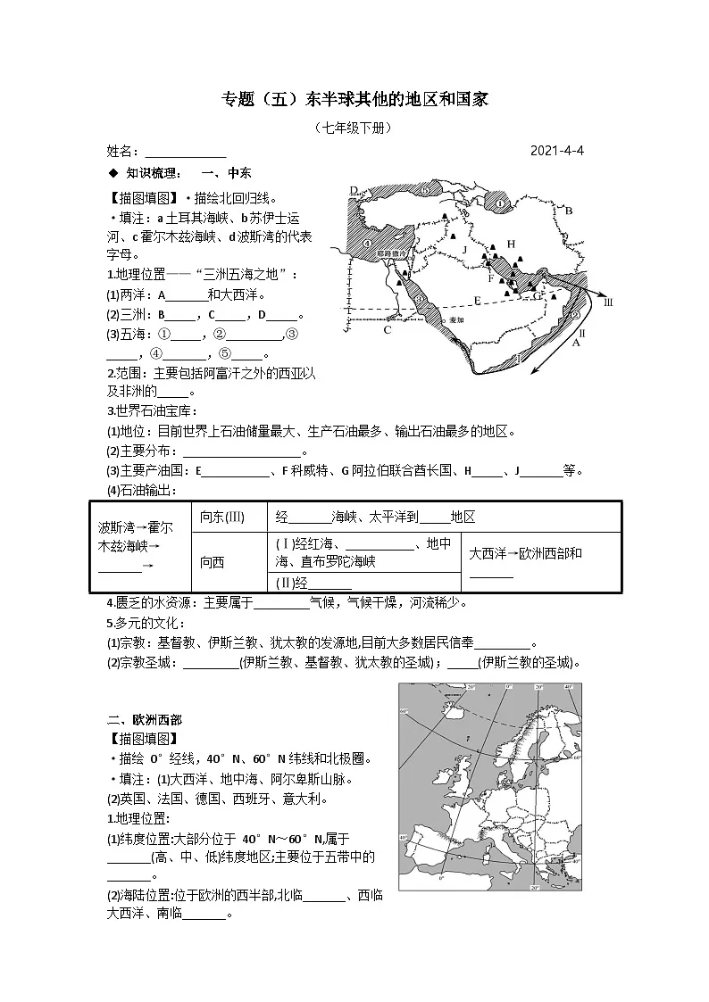 2025年人教版 七年级下册地理《东半球其他的地区和国家》复习（无答案）第1页