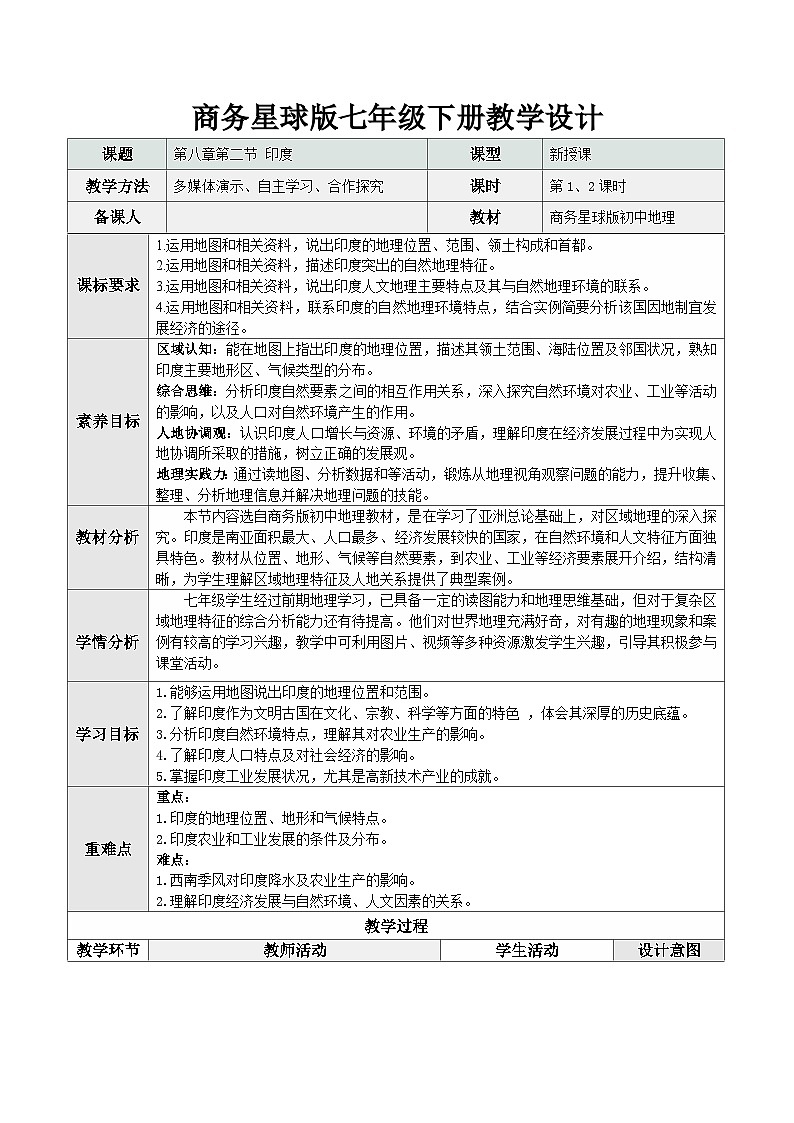 【新教材核心素养】商务星球版地理七年级下册8.2 印度（教学设计）第1页