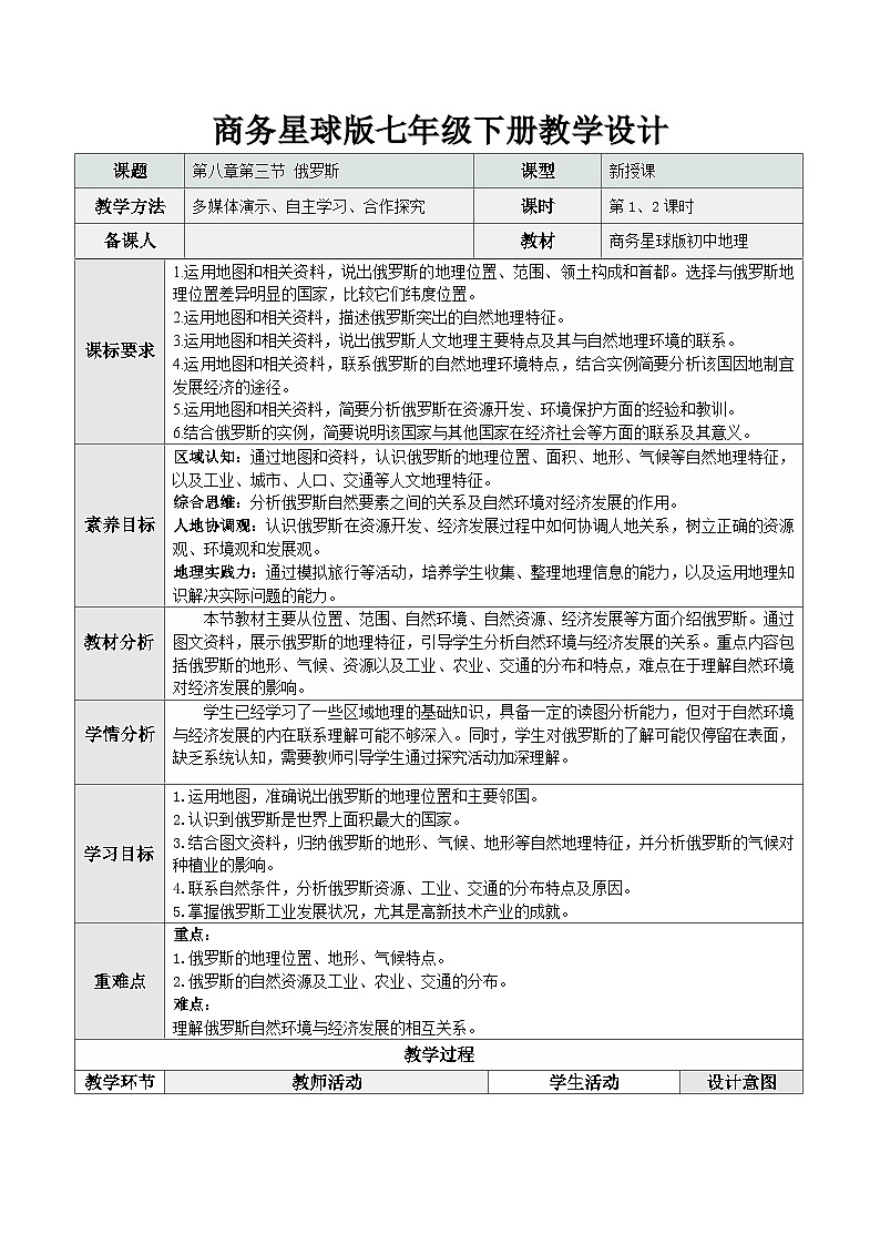 【新教材核心素养】商务星球版地理七年级下册8.3 俄罗斯（教学设计）第1页