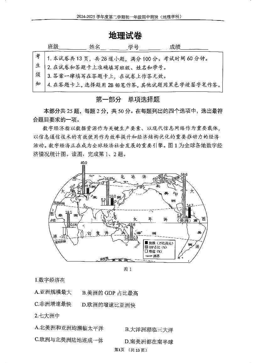 2025北京四中初一（下）期中真题地理试卷（无答案）第1页