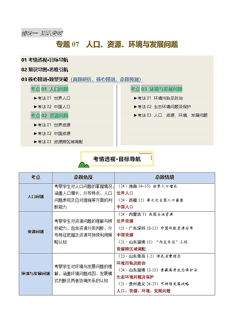 专题07  人口、资源、环境与发展问题（讲练：核心精讲+命题预测）（原卷版）第1页