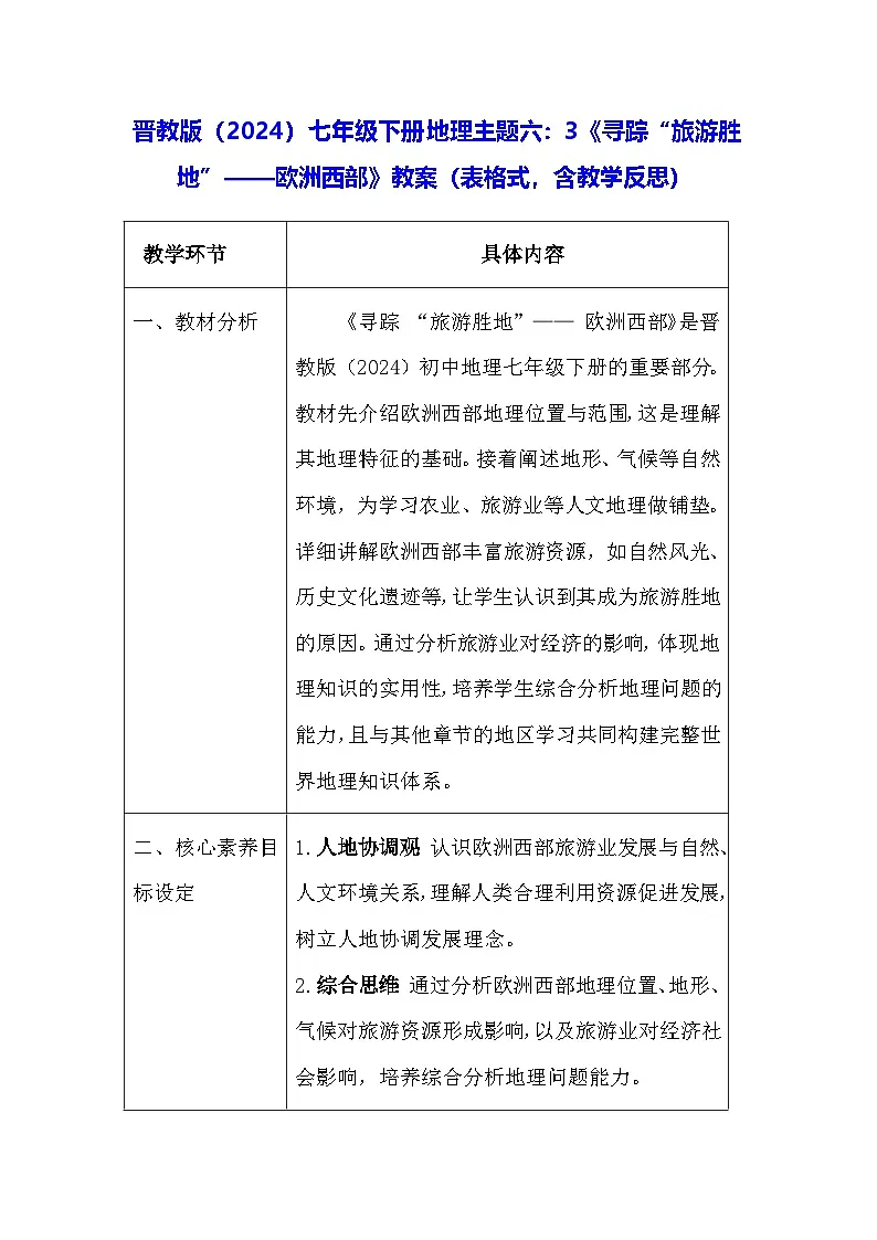 晋教版（2024）七年级下册地理主题六：3《寻踪“旅游胜地”——欧洲西部》教案（表格式，含教学反思）第1页
