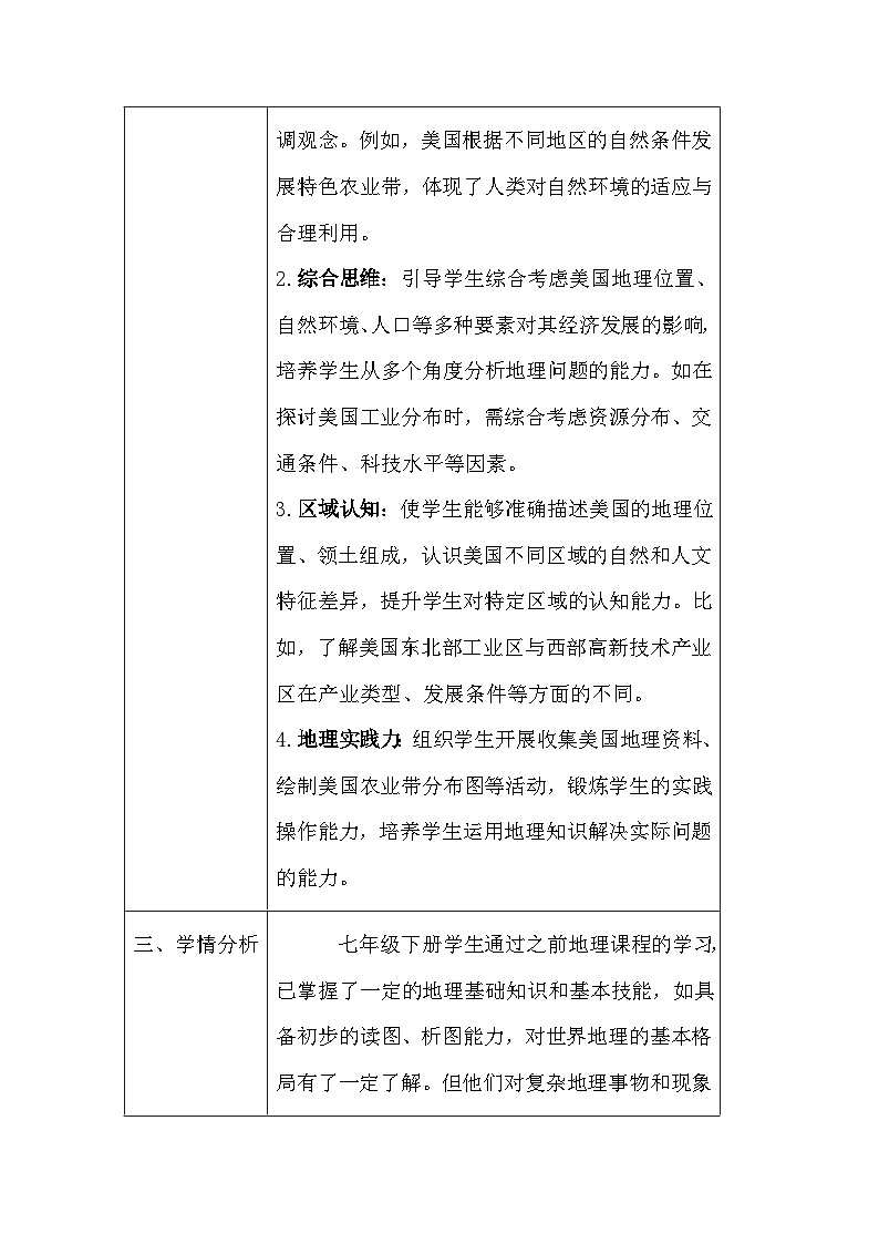 晋教版（2024）七年级下册地理主题七：1《认识美国》教案（表格式，含教学反思）第2页