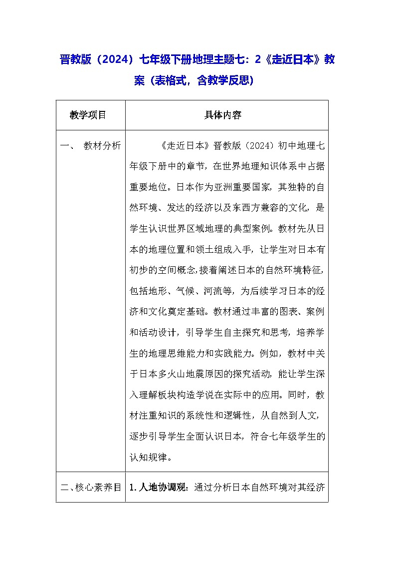 晋教版（2024）七年级下册地理主题七：2《走近日本》教案（表格式，含教学反思）第1页