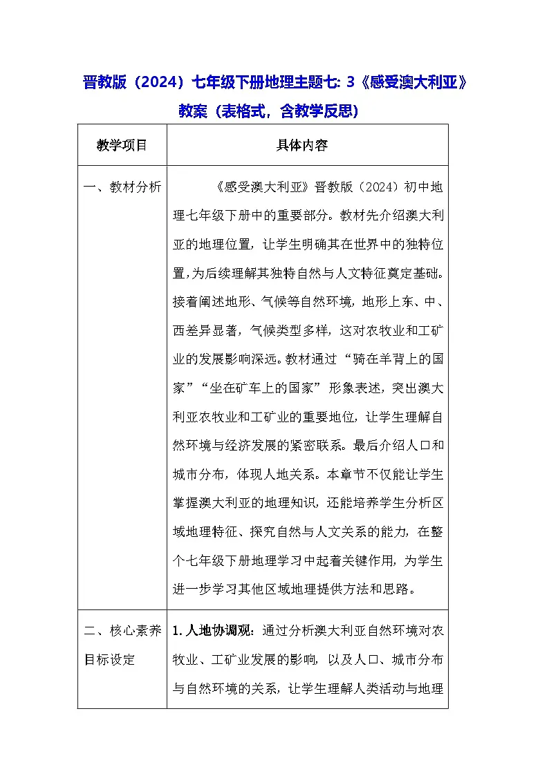 晋教版（2024）七年级下册地理主题七：3《感受澳大利亚》教案（表格式，含教学反思）第1页