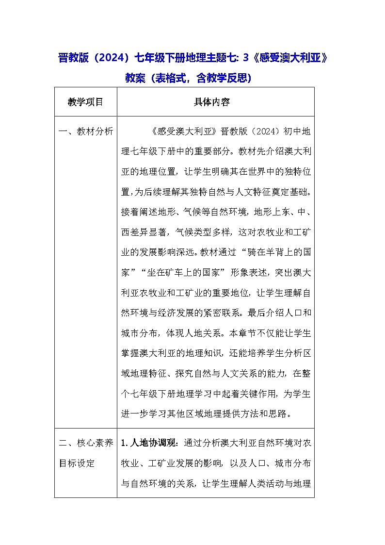 晋教版（2024）七年级下册地理主题七：3《感受澳大利亚》教案（表格式，含教学反思）第1页