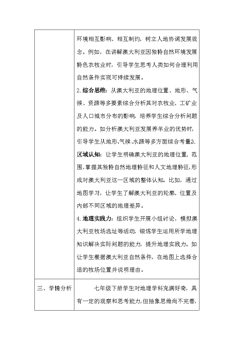 晋教版（2024）七年级下册地理主题七：3《感受澳大利亚》教案（表格式，含教学反思）第2页