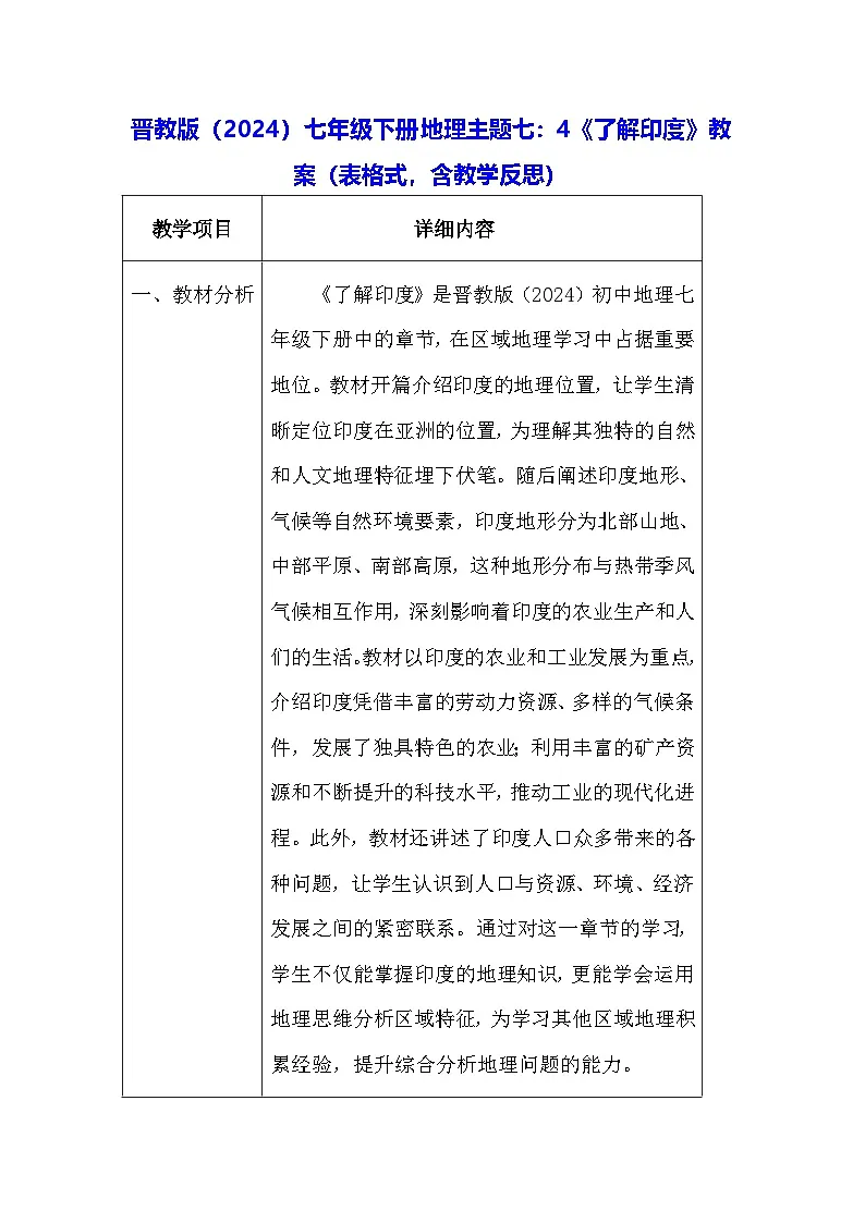 晋教版（2024）七年级下册地理主题七：4《了解印度》教案（表格式，含教学反思）第1页