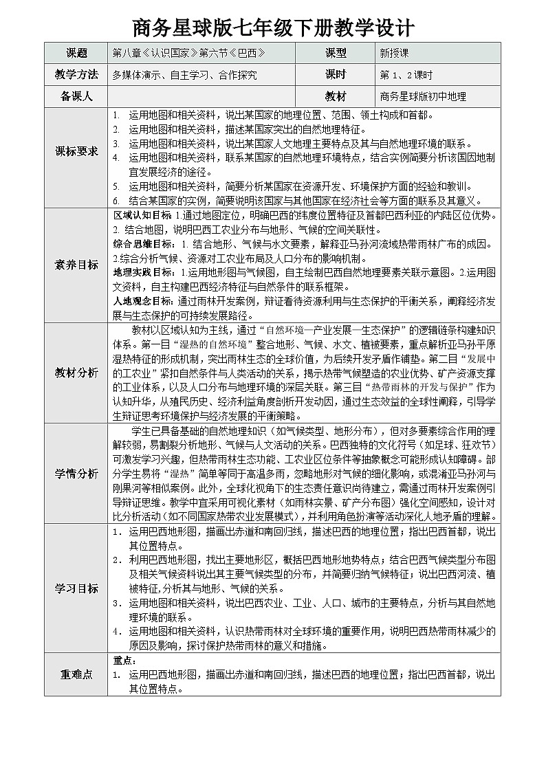 【新教材核心素养】商务星球版地理七年级下册8.6 巴西（教学设计）第1页