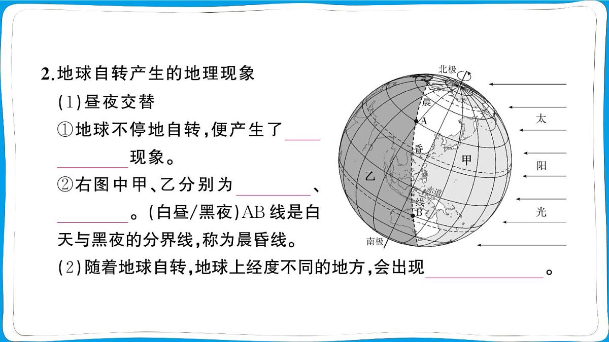 初中地理 人教版（2024）七年级上册第一章第三节 地球的运动第1课时 地球的自转 训练课件有答案第3页