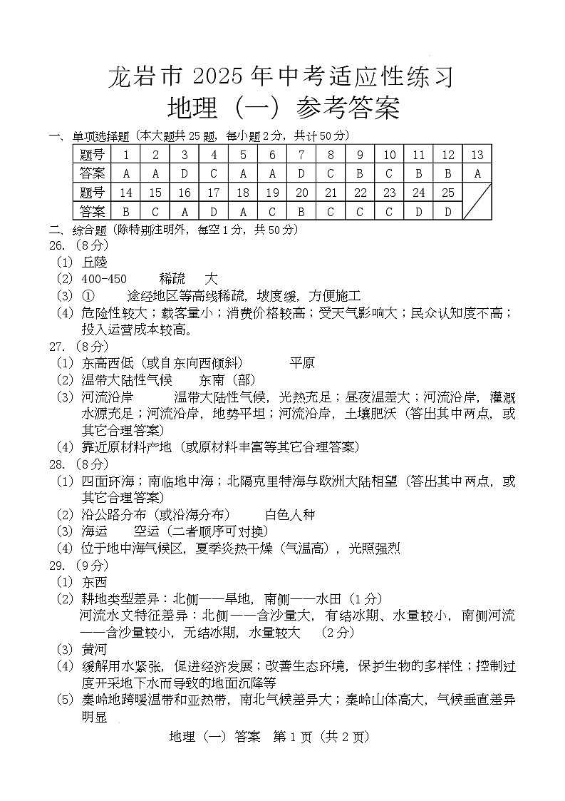 龙岩市适应性联系一 2025年地理（一）答案-定第1页