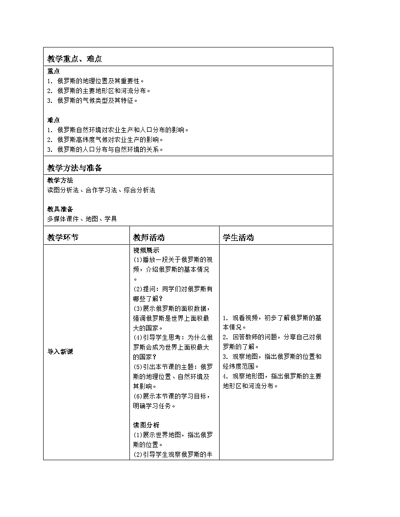 8.4《俄罗斯》 第1课时 教案（表格式）人教版（2024）地理七年级下册第2页
