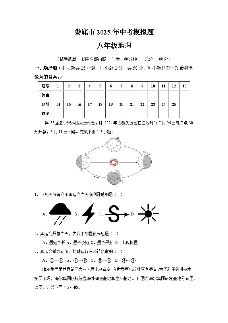 湖南省娄底市2025届中考二模 地理试题第1页