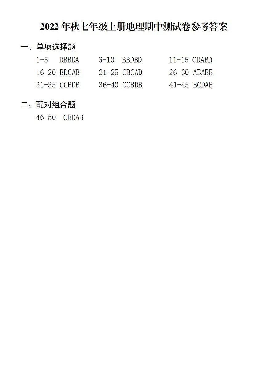 2022年秋七年级上册地理期中测试卷理段考试卷参考答案第1页