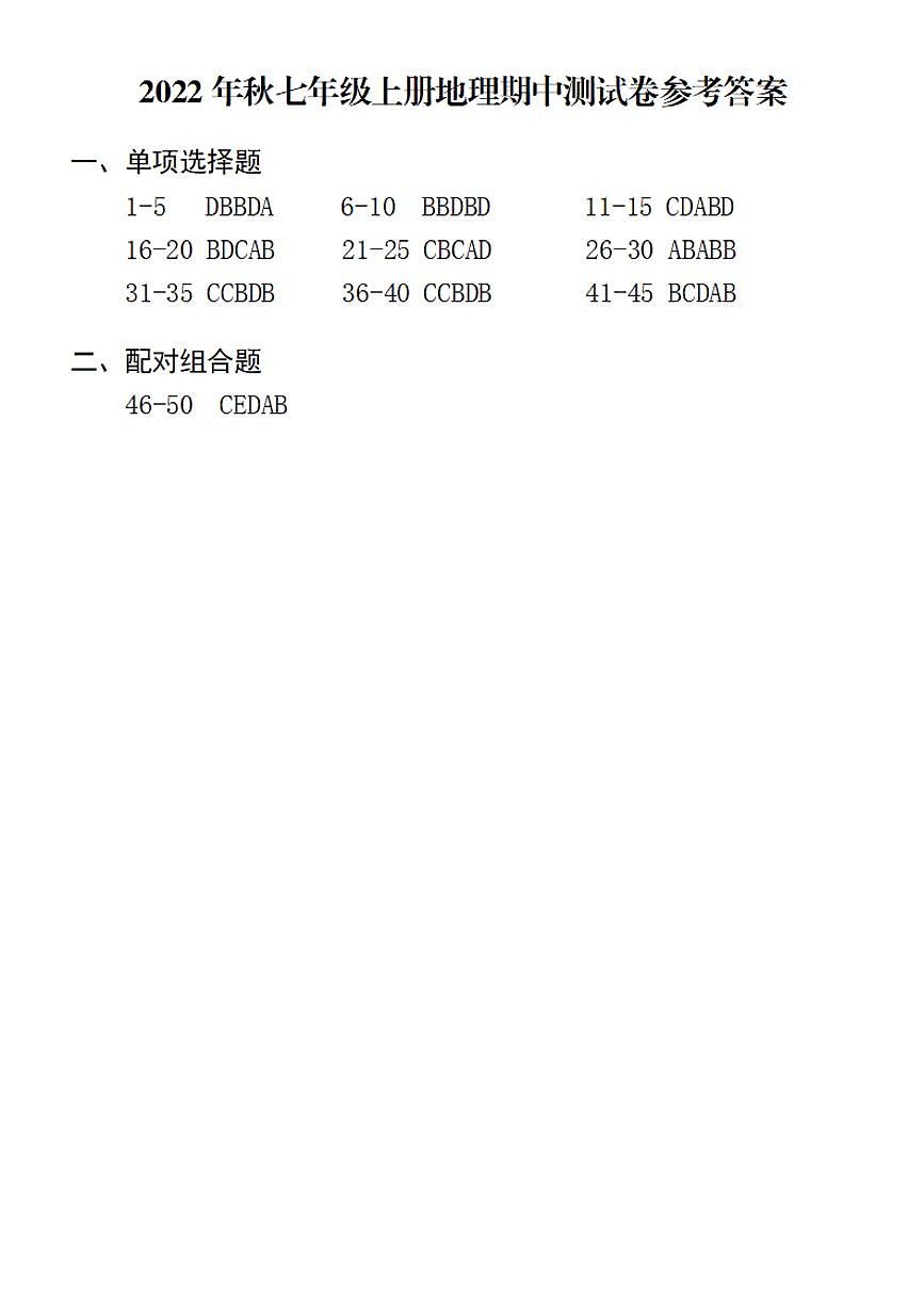 2022年秋七年级上册地理期中测试卷理段考试卷参考答案第1页