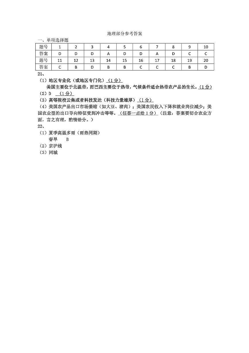 2025年江苏省盐城市东台市一模地理试题 地理参考答案第1页