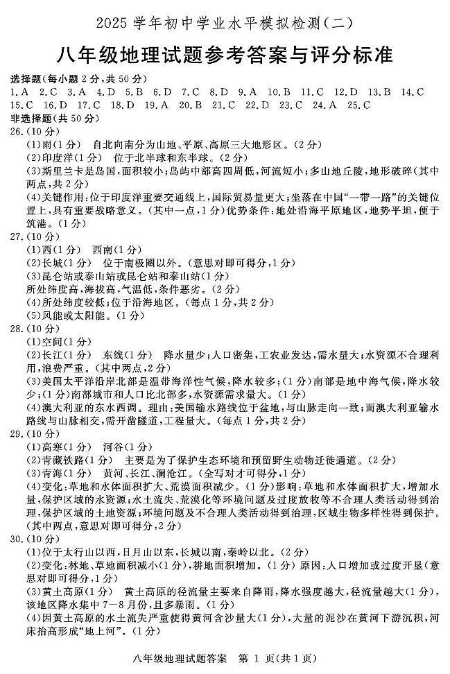 2025年山东省聊城市高唐县二模地理试题 地理答案第1页