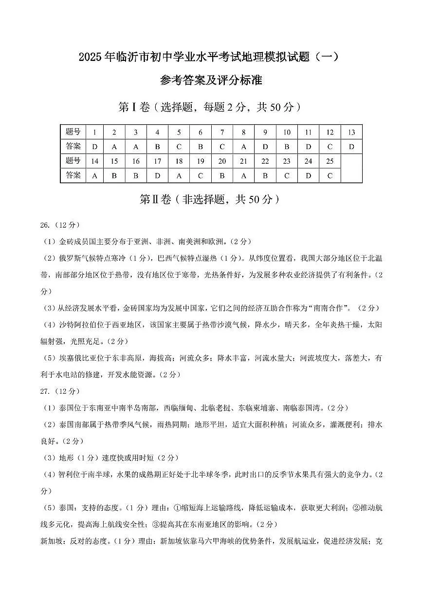 2025年临沂市兰陵县二轮模拟考试 地理模拟试题（一）参考答案第1页