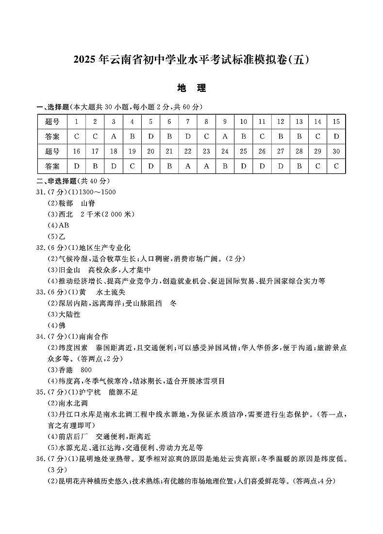 2025年云南省楚雄州禄丰市初中学业水平考试地理模拟试题（三） 2025年云南省初中学业水平考试地理模拟试题（五）-参考答案第1页