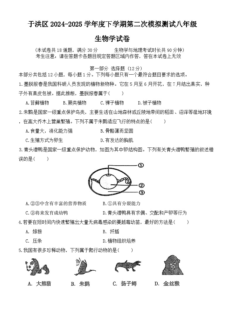 2025年辽宁省沈阳市于洪区中考二模地理与生物试题　（中考模拟）第1页