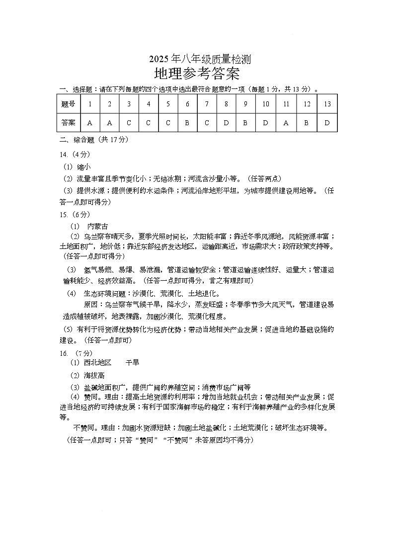 2024-2025连云港市海州区八年级年级地理二模答案第1页