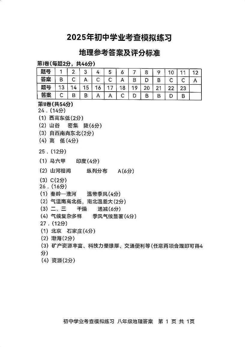 2025年天津市南开区八年级地理会考模拟试题（含答案） 地理南开会考模拟答案第1页